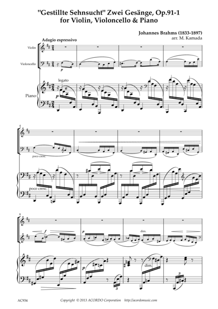 Free Sheet Music Gestillte Sehnsucht Zwei Gesnge Op 91 1 For Violin Violoncello Piano