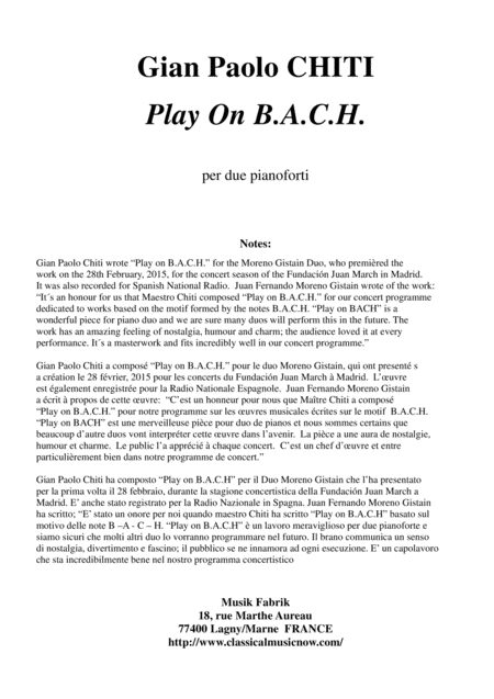 Gian Paolo Chiti Play On B A C H For Two Pianos Sheet Music