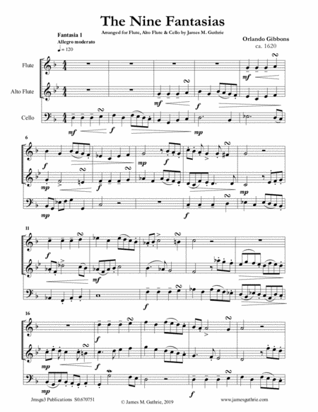 Free Sheet Music Gibbons The Nine Fantasias For Flute Alto Flute Cello