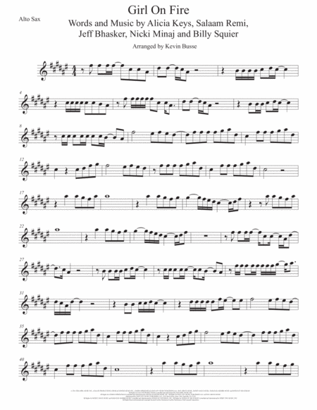 Girl On Fire Alto Sax Original Key Sheet Music