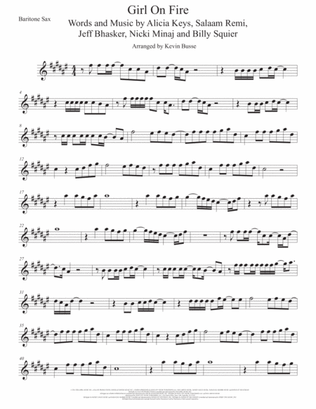 Girl On Fire Bari Sax Original Key Sheet Music