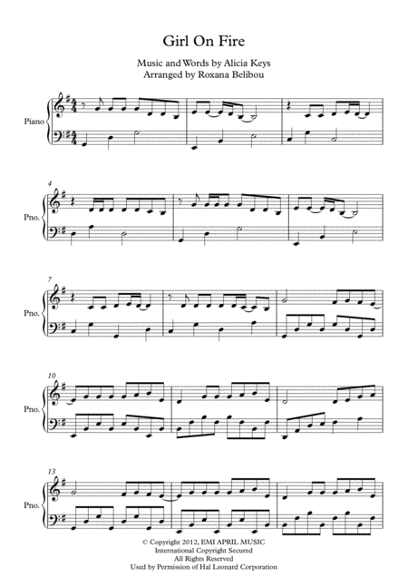 Girl On Fire G Major By Alicia Keys Piano Sheet Music