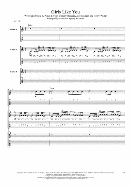 Girls Like You Fingerstyle Guitar Trio Sheet Music