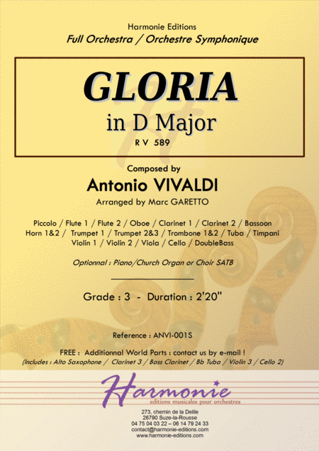 Gloria Rv 589 Antonio Vivaldi For Full Orchestra Arr Marc Garetto Optionnal Organ And Choir Sheet Music