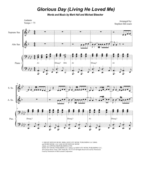 Free Sheet Music Glorious Day Living He Loved Me Duet For Soprano And Alto Saxophone