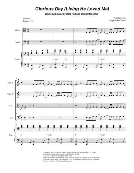 Free Sheet Music Glorious Day Living He Loved Me For String Quartet