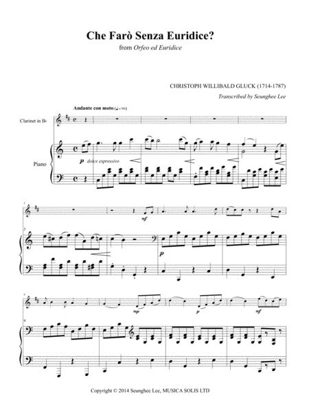 Gluck Che Faro Senza Euridice For Clarinet And Piano Sheet Music