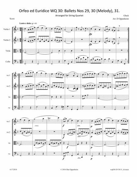 Gluck Orfeo Ed Euridice Wq 30 Ballets Nos 29 30 Melody 31 Arranged For String Quartet Sheet Music