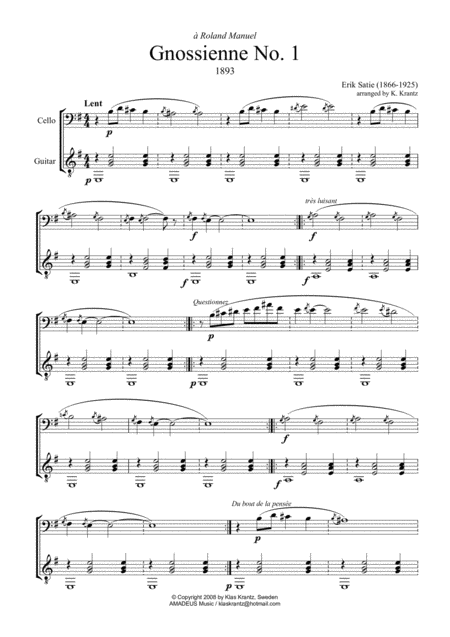 Free Sheet Music Gnossienne 1 2 3 5 For Cello And Guitar