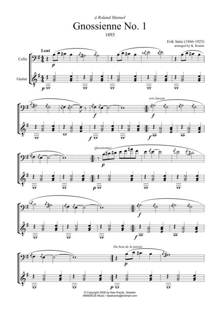 Gnossienne 1 2 3 5 For Cello And Guitar Sheet Music