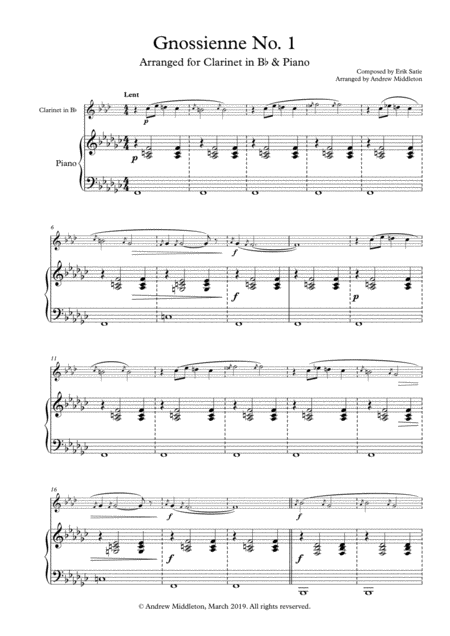 Free Sheet Music Gnossienne No 1 Arranged For Clarinet And Piano