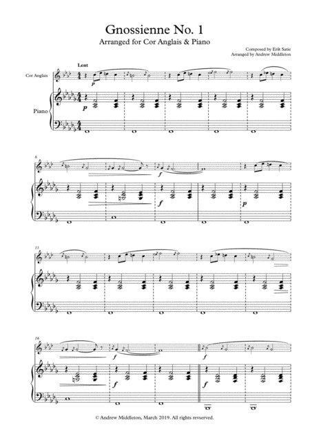 Gnossienne No 1 Arranged For Cor Anglais And Piano Sheet Music