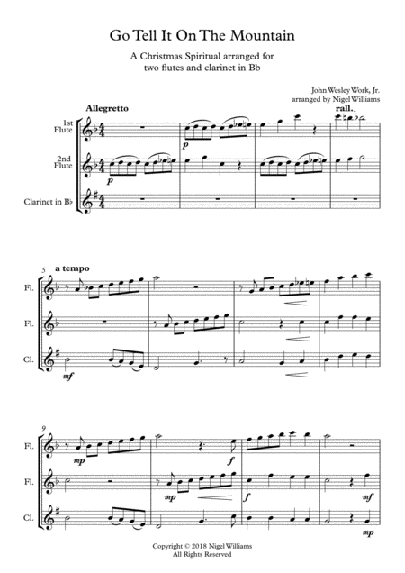 Go Tell It On The Mountain For Two Flutes And Clarinet In Bb Sheet Music