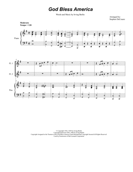 Free Sheet Music God Bless America For Flute Choir