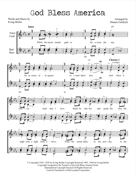 God Bless America Womens Barbershop Choral Pricing Sheet Music