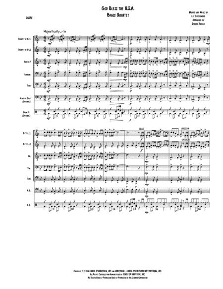 Free Sheet Music God Bless The U A Brass Quintet With Opt Acoustic Bass And Drum Set Intermediate