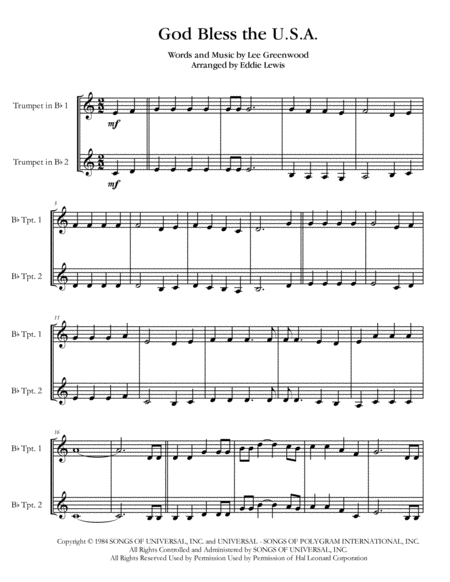 God Bless The Us A For Beginner Trumpet Duet Sheet Music