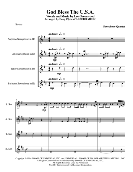 Free Sheet Music God Bless The Us A For Saxophone Quartet