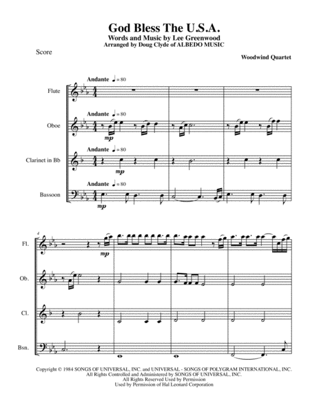 God Bless The Us A For Woodwind Quartet Sheet Music