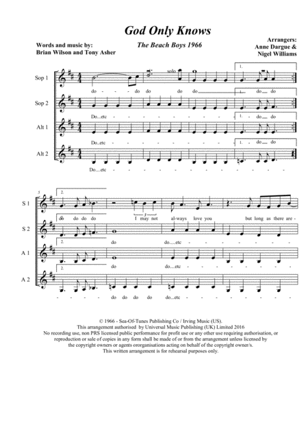 God Only Knows Four Part A Cappella For Female Voices Sheet Music