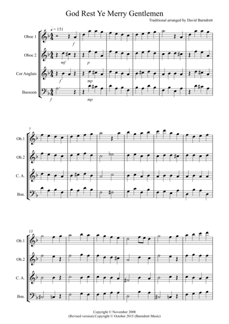 God Rest Ye Merry Gentlemen For Double Reed Quartet Sheet Music