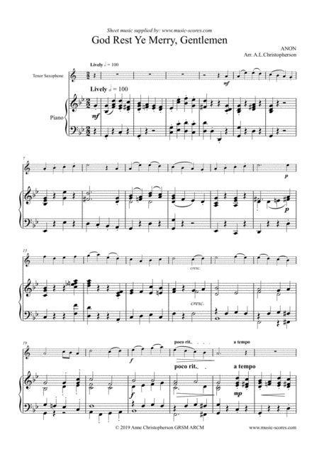 God Rest Ye Merry Gentlemen Tenor Sax And Piano Sheet Music