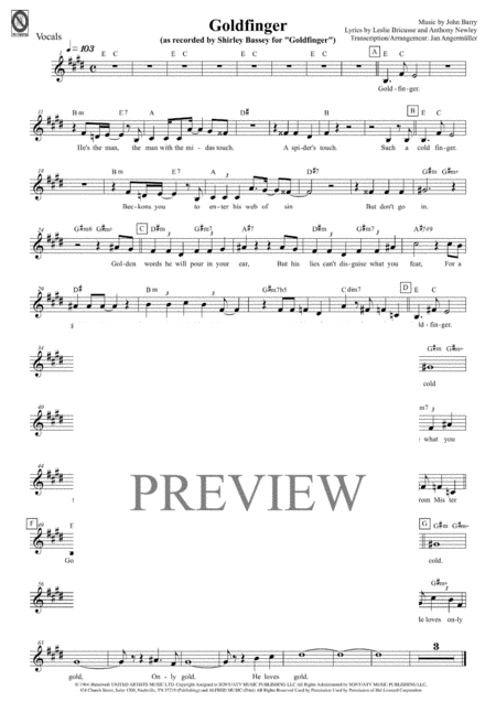 Goldfinger For Jazz Combo W Vocals Transcription Of The Original Shirley Bassey Recording For James Bond Sheet Music