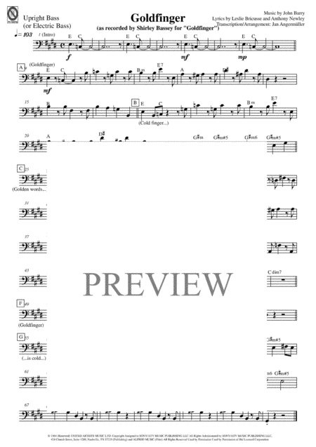 Goldfinger Jazz Bass Transcription Of Shirley Bassey Recording Sheet Music