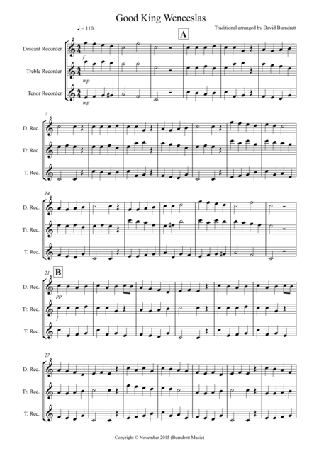 Good King Wenceslas For Recorder Trio Sheet Music