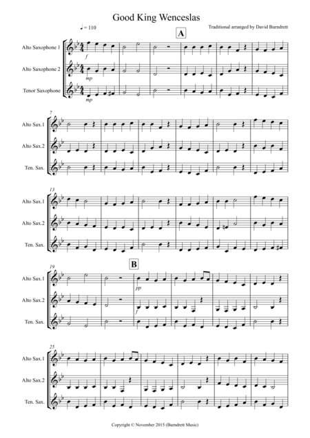 Free Sheet Music Good King Wenceslas For Saxophone Trio