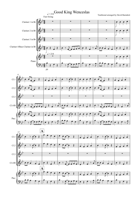 Good King Wenceslas Jazzy Style For Clarinet Quartet Sheet Music