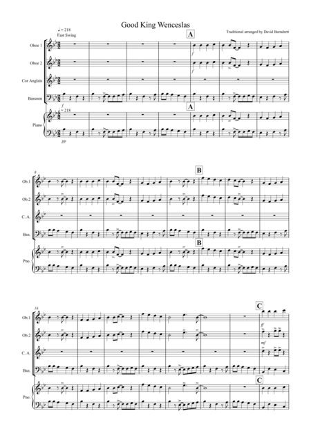 Good King Wenceslas Jazzy Style For Double Reed Quartet Sheet Music