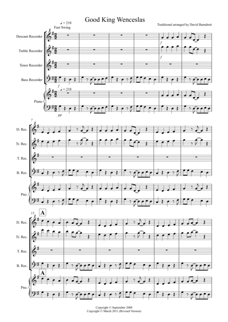 Good King Wenceslas Jazzy Style For Recorder Quartet Sheet Music