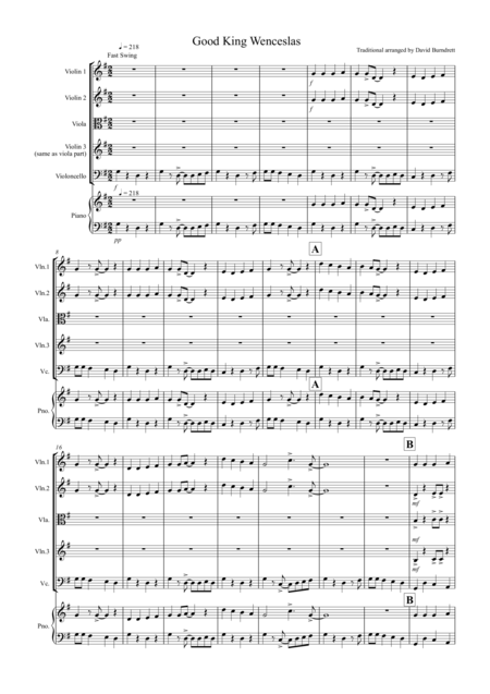 Good King Wenceslas Jazzy Style For String Quartet Sheet Music