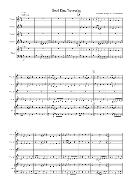 Good King Wenceslas Jazzy Style For Violin Quartet Sheet Music