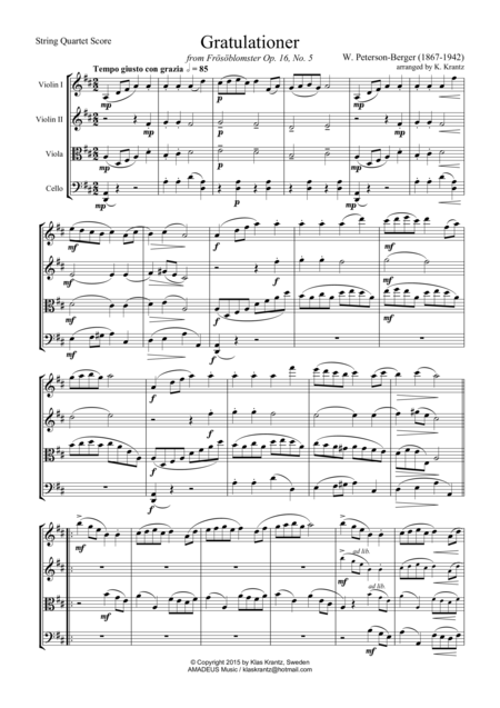 Free Sheet Music Gratulationer For String Quartet