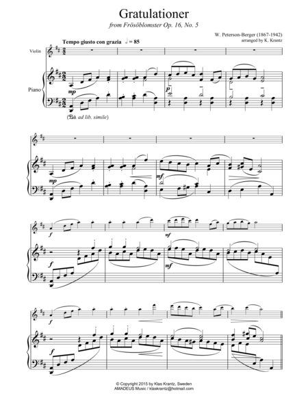 Free Sheet Music Gratulationer For Violin And Piano