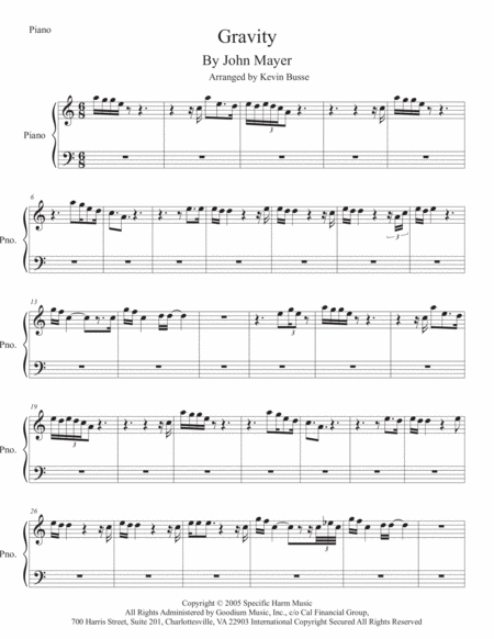 Gravity Piano Easy Key Of C Sheet Music