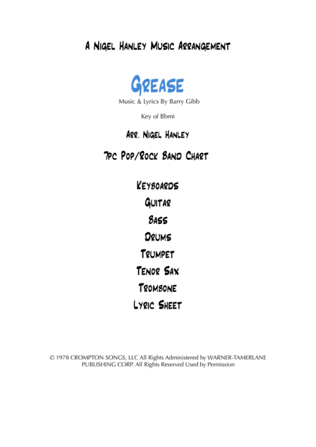 Grease 7pc Band Chart In Bbmi Sheet Music