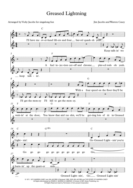 Free Sheet Music Greased Lightnin Leadsheet For Singalongs