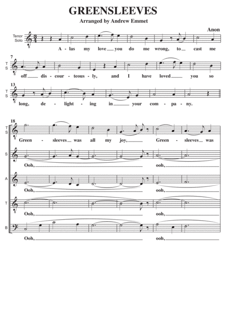 Greensleeves A Cappella Tenor Solo Sheet Music