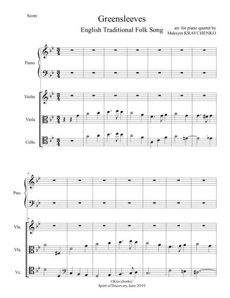 Greensleeves English Traditional Folk Song Arr For Piano Quartet Score And Parts Sheet Music