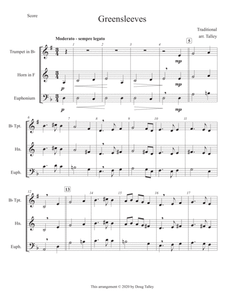 Free Sheet Music Greensleeves For Brass Trio Score And Parts