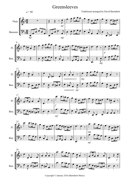 Greensleeves For Flute And Bassoon Duet Sheet Music