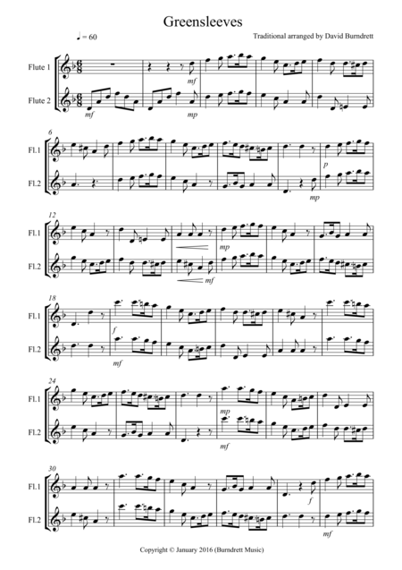 Free Sheet Music Greensleeves For Flute Duet