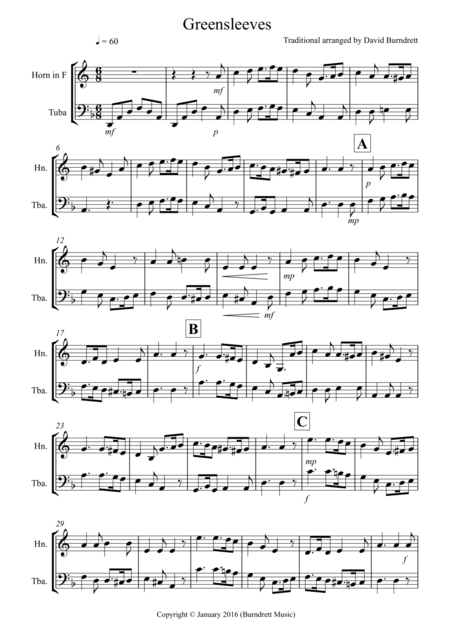 Greensleeves For French Horn And Tuba Duet Sheet Music