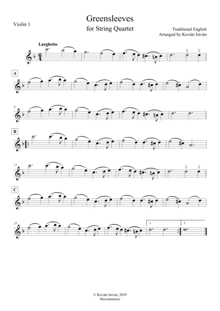 Greensleeves For String Quartet Sheet Music