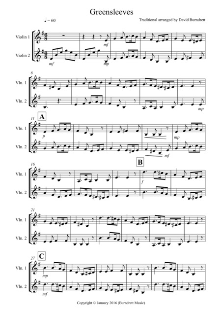 Greensleeves For Violin Duet Sheet Music