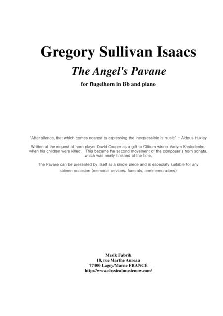 Gregory Sullivan Isaacs The Angels Pavanne For Bb Flugelhorn Bugle And Piano Sheet Music