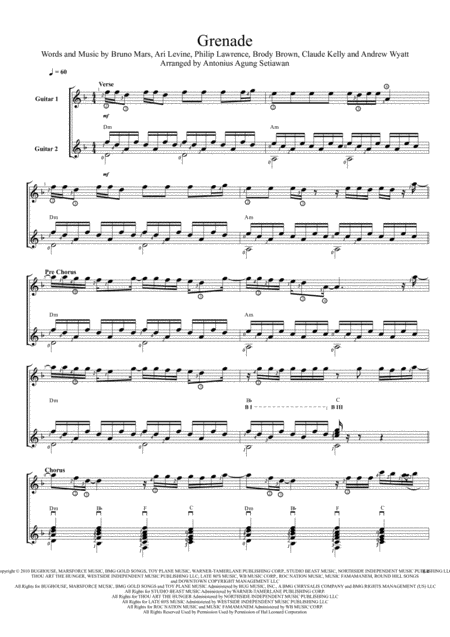 Grenade Duet Guitar Score Sheet Music